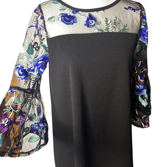 Roz & Ali Black Floral Shift Dress Sz 4 Sheer Embroider Women Elegant Bell 3/4 - Picture 3 of 10